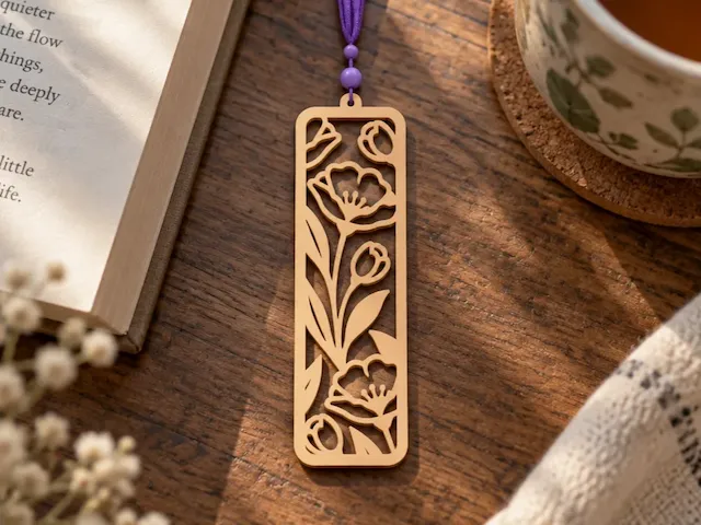 Floral Cutout Wooden Bookmark with Purple Tassel