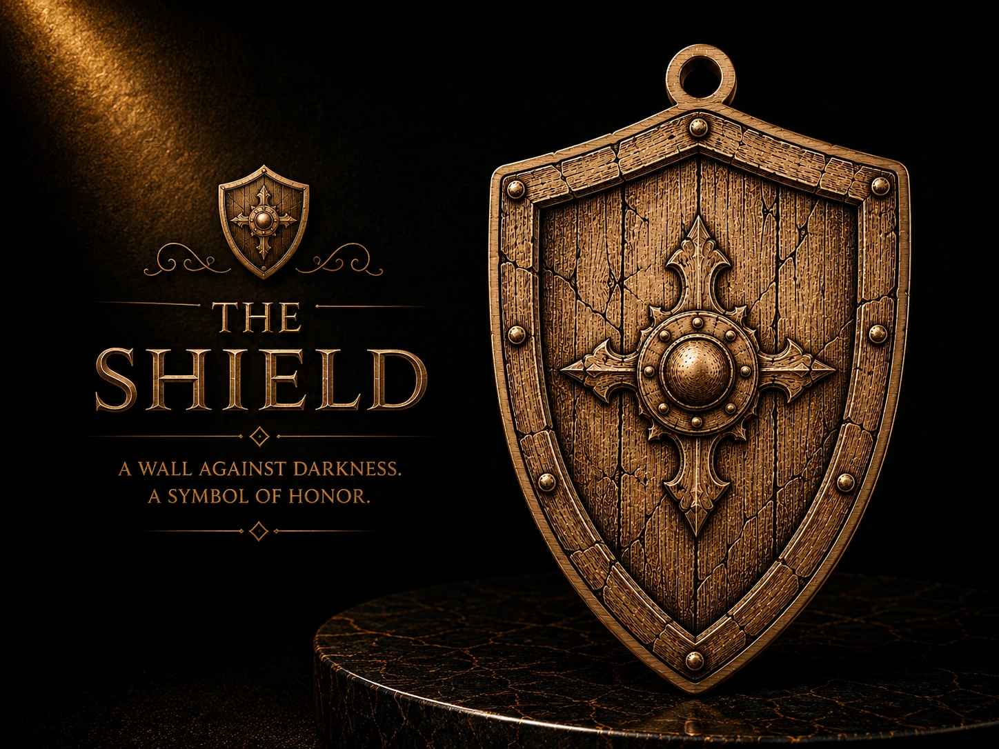 Wooden Shield Pendant with Ornate Cross Emblem