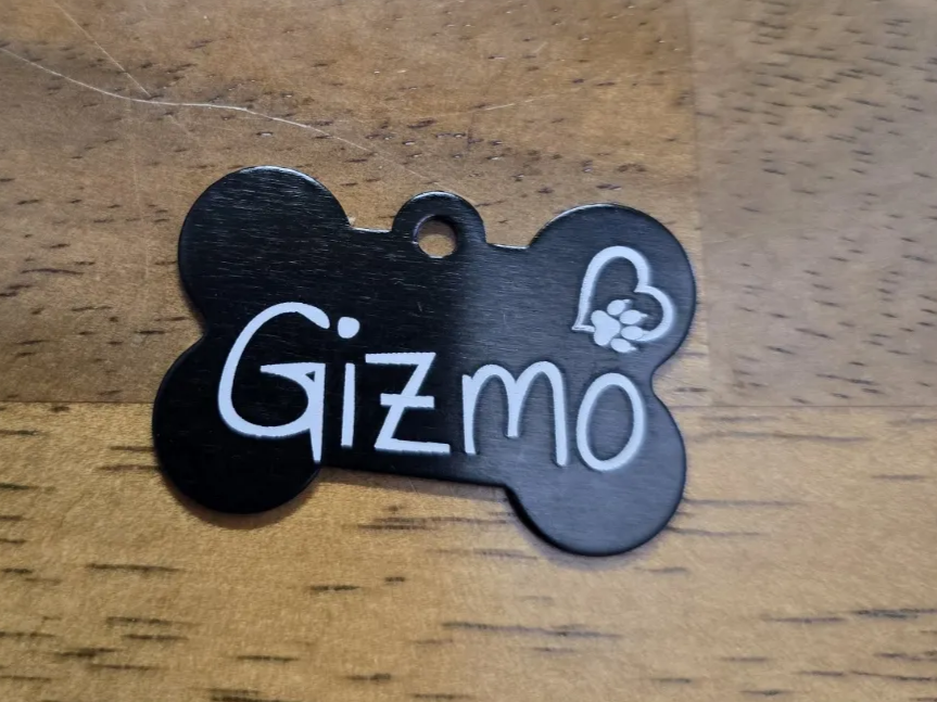 Black Bone Shaped Pet ID Tag with Gizmo Name and Paw Print Heart