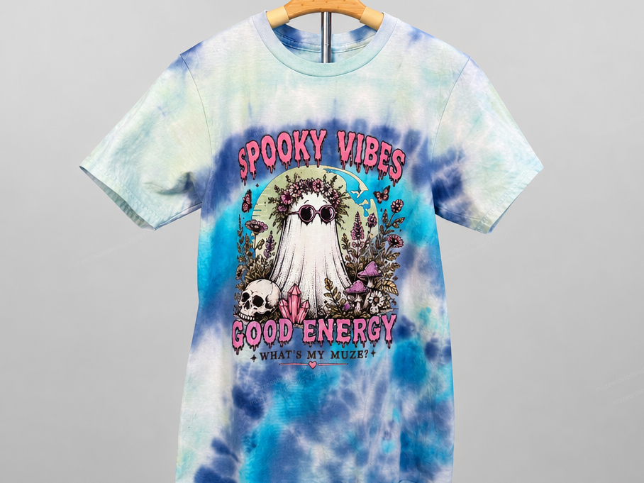Spooky Vibes Good Energy Tie Dye T-Shirt with Ghost and Floral Graphic
