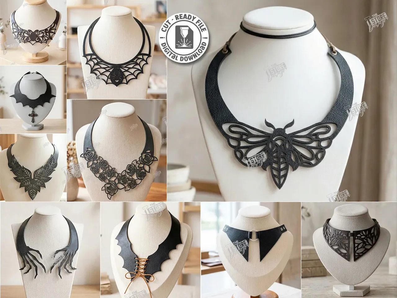 [Laser cut and engrave] Leather Necklace Laser Cut Bundle. Gothic Necklaces with Moth, Bat, and Floral Motifs. Leather Accessories