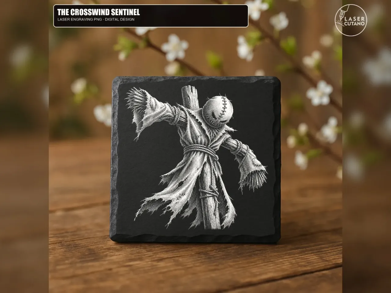 [Laser cut and engrave] Scarecrow Illustration on Square Slate Coaster