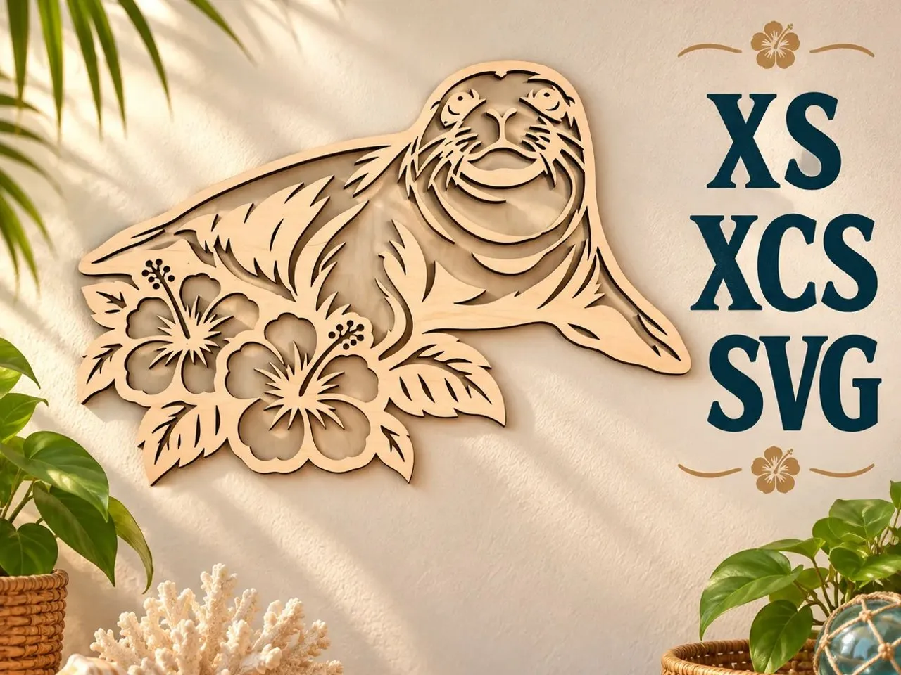 [Laser cut and engrave] Seal and Hibiscus Flower Wall Hanging