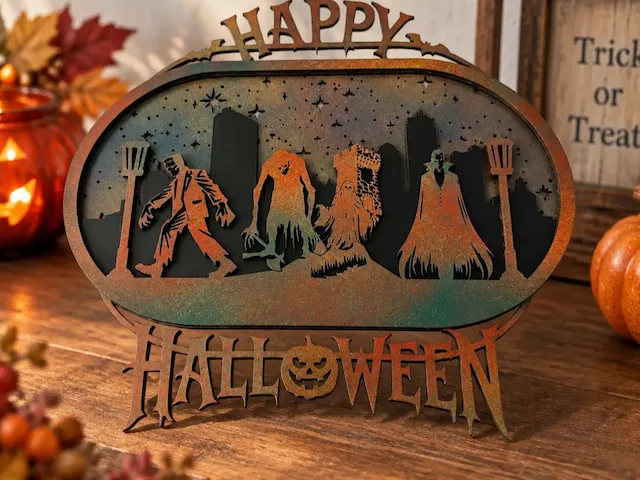 Happy Halloween Wall Sign Featuring Classic Horror Movie Monsters