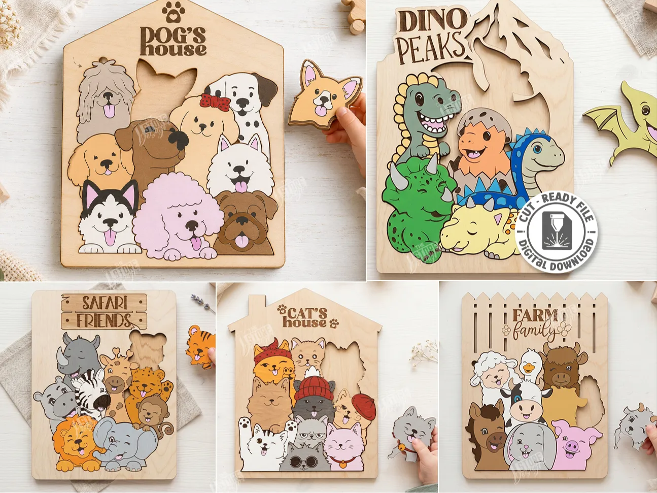 Animal Themed Wooden Jigsaw Puzzle Board laser Cut Bundle. Kids Laser. Wooden Puzzles. Cute Design. Childrens Gift Idea. Toys and Games