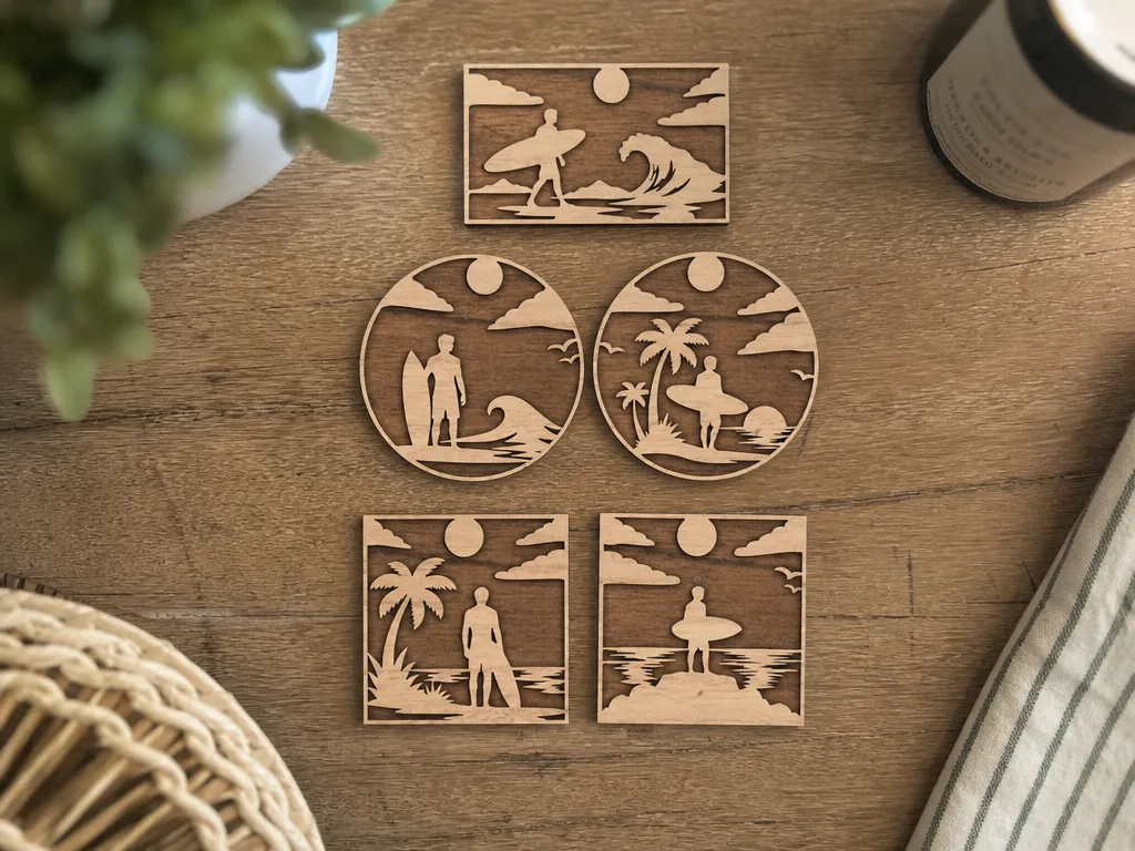 Surfing Themed Wooden Wall Art and Coaster Set