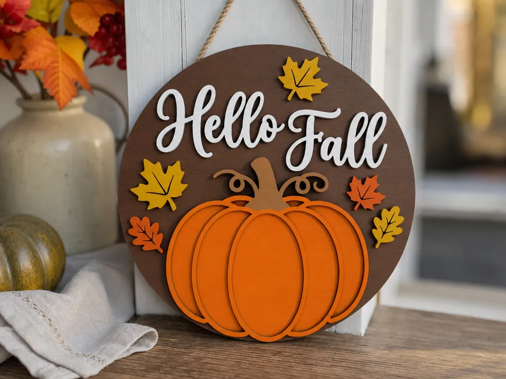 Hello Fall Round Hanging Sign with Pumpkin and Autumn Leaves