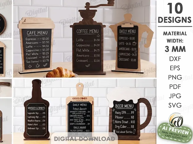 3D Restaurant Menu Holders Bundle. Cafe Menu Board Laser Cut Files. Wine & Bar Display. Coffee SVG. Beer. Counter Sign Holder. Table Sign