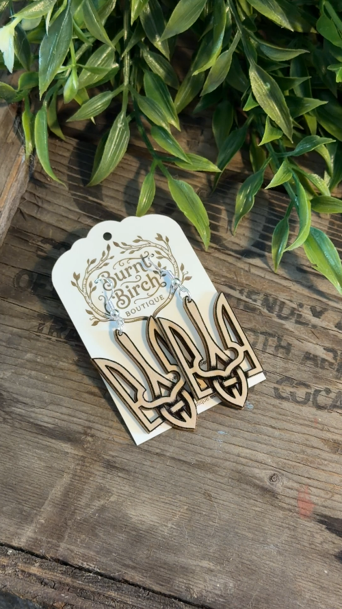 [Laser cut and engrave] Ukrainian Trident Wooden Dangle Earrings
