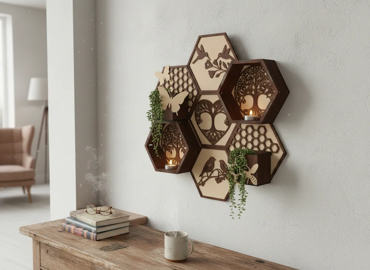 [Laser cut and engrave,Blade cut] An original wall planter in the shape of honeycombs with natural motifs, conveying the idea of ​​harmony, comfort, and love for nature.