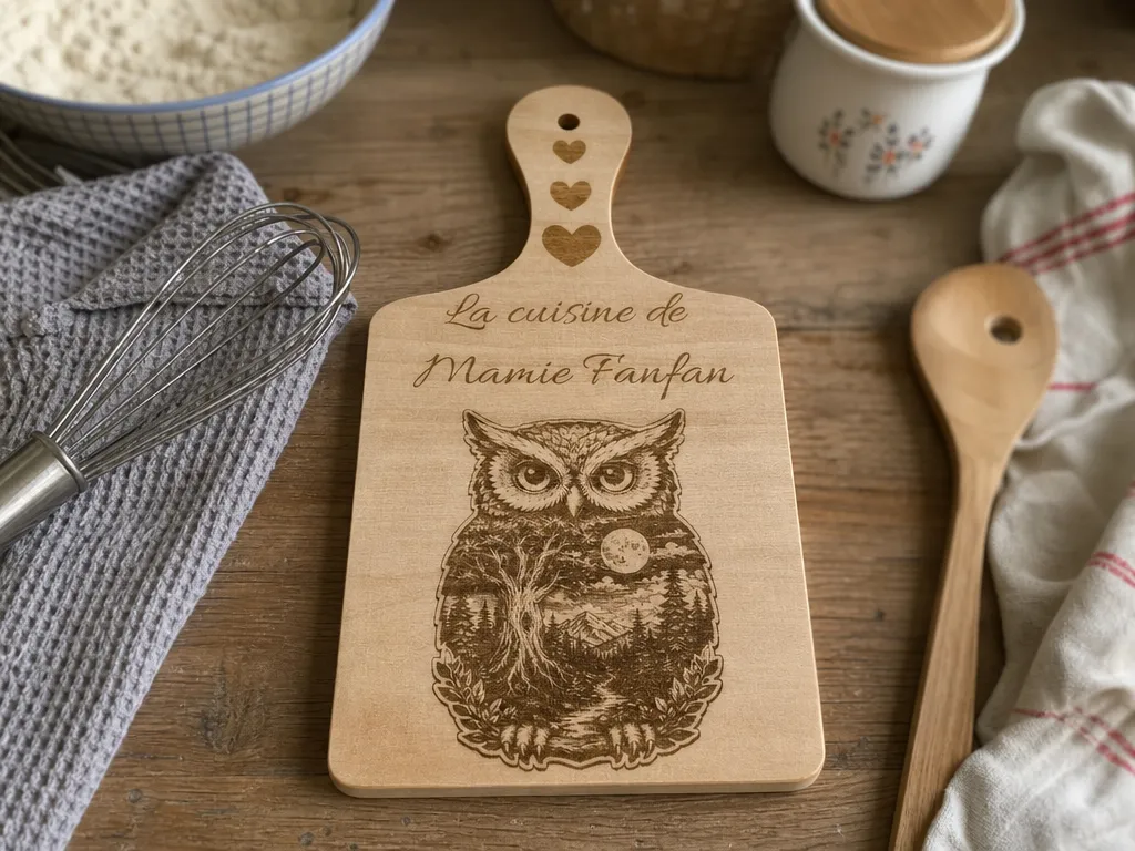 Planche à découper en bois personnalisée avec motif hibou et forêt