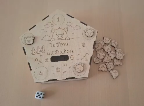 [Laser cut and engrave] Jeu de société en bois Le Trou du Cochon avec jetons avec règles en français et anglais, Jeu traditionnel en bois à fabriquer version non commerciale)