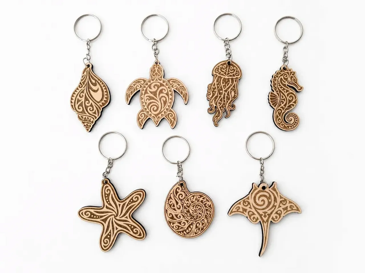 [Laser cut and engrave] Ocean Mandala Keychain Bundle | 7 Laser Cut SVG Files | Sea Turtle, Jellyfish, Seahorse, Shell, Starfish, Nautilus & Stingray