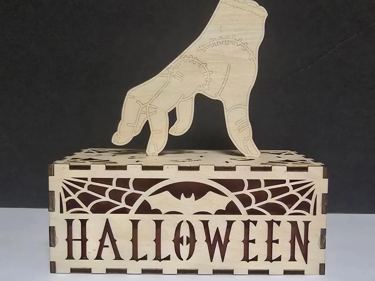 [Laser cut and engrave] Halloween Wooden Box with Frankenstein Monster Hand Topper