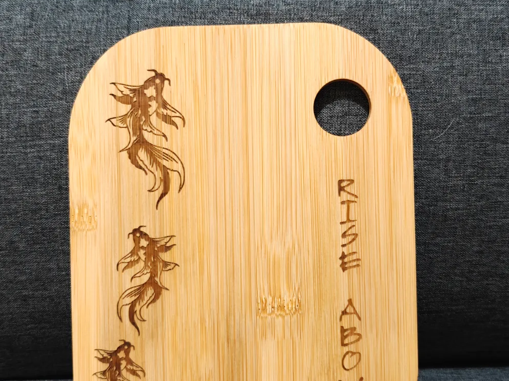 Bamboo Serving Board with Koi Fish Motif and Rise Above Text
