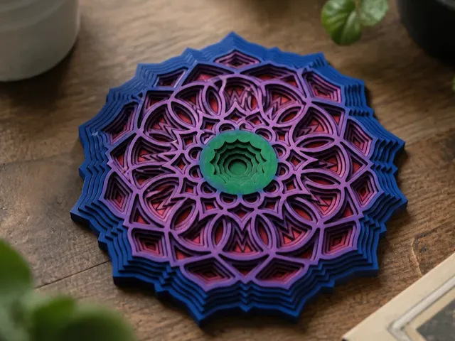 Multi-layered geometric mandala wall art in blue, purple, and green
