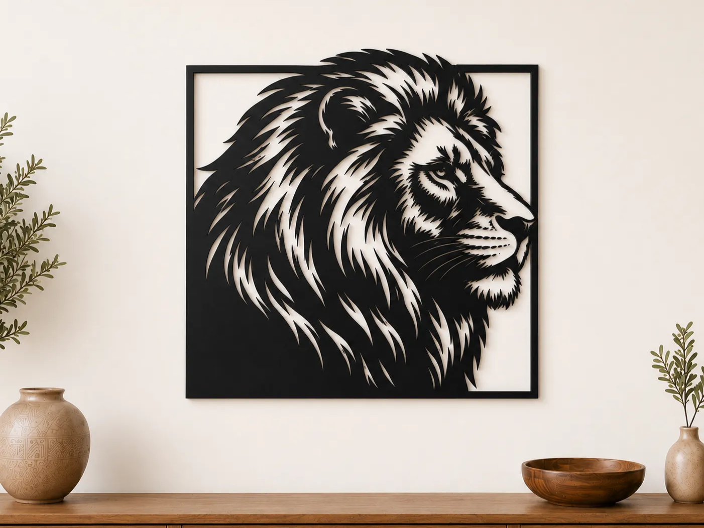 Majestätischer Löwenkopf Tiersilhouette Wandkunst