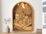 [Laser cut and engrave] Layered Wooden Cityscape Wall Art with Integrated LED Lighting Laser Cut Bundle. Wall Decor. 3D Night Light