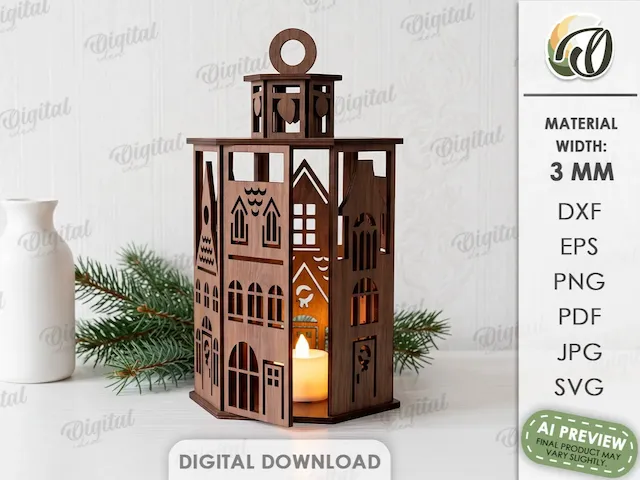 Christmas House Lantern. Winter Village Candle Holder Laser Cut. Wooden Tealight Lantern. 3D Holiday Decor. Rustic Home SVG