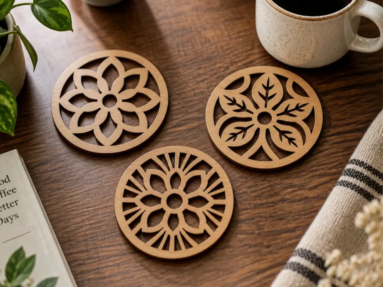 [Laser cut and engrave] Round wooden drink coasters with floral and geometric cutouts