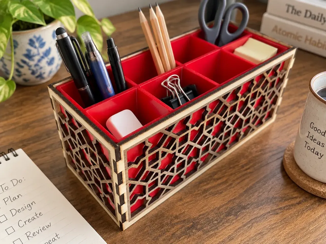 [Laser cut and engrave] Geometric Pattern Desk Organizer with Red Interior Compartments