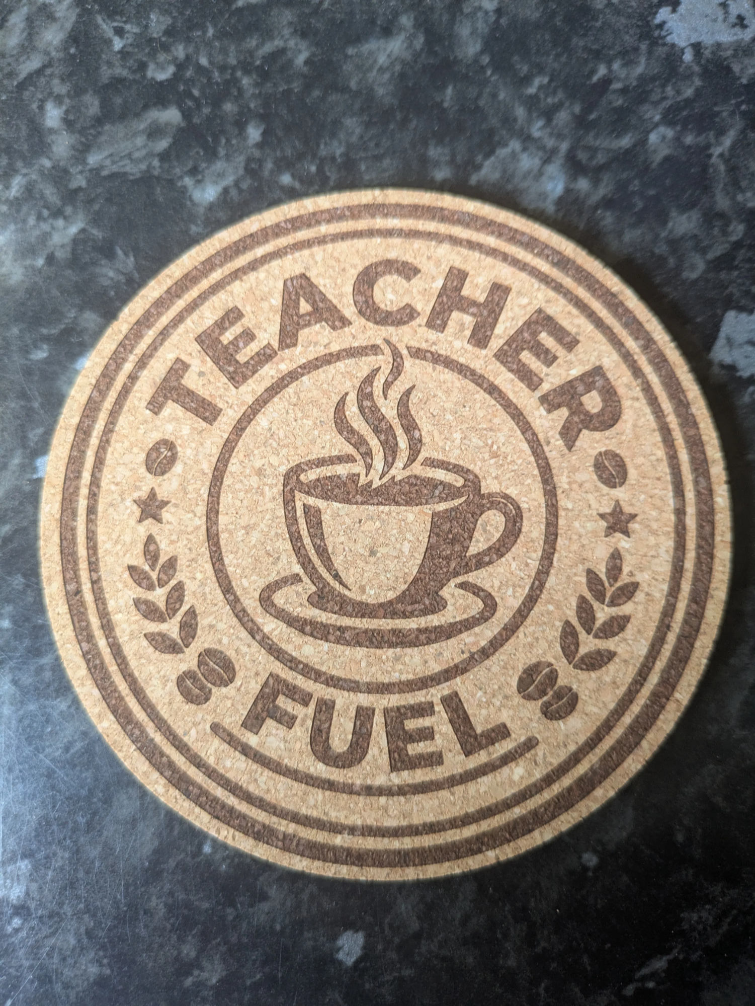 [Laser cut and engrave] Teacher Fuel Cork Coaster with Coffee Cup Graphic