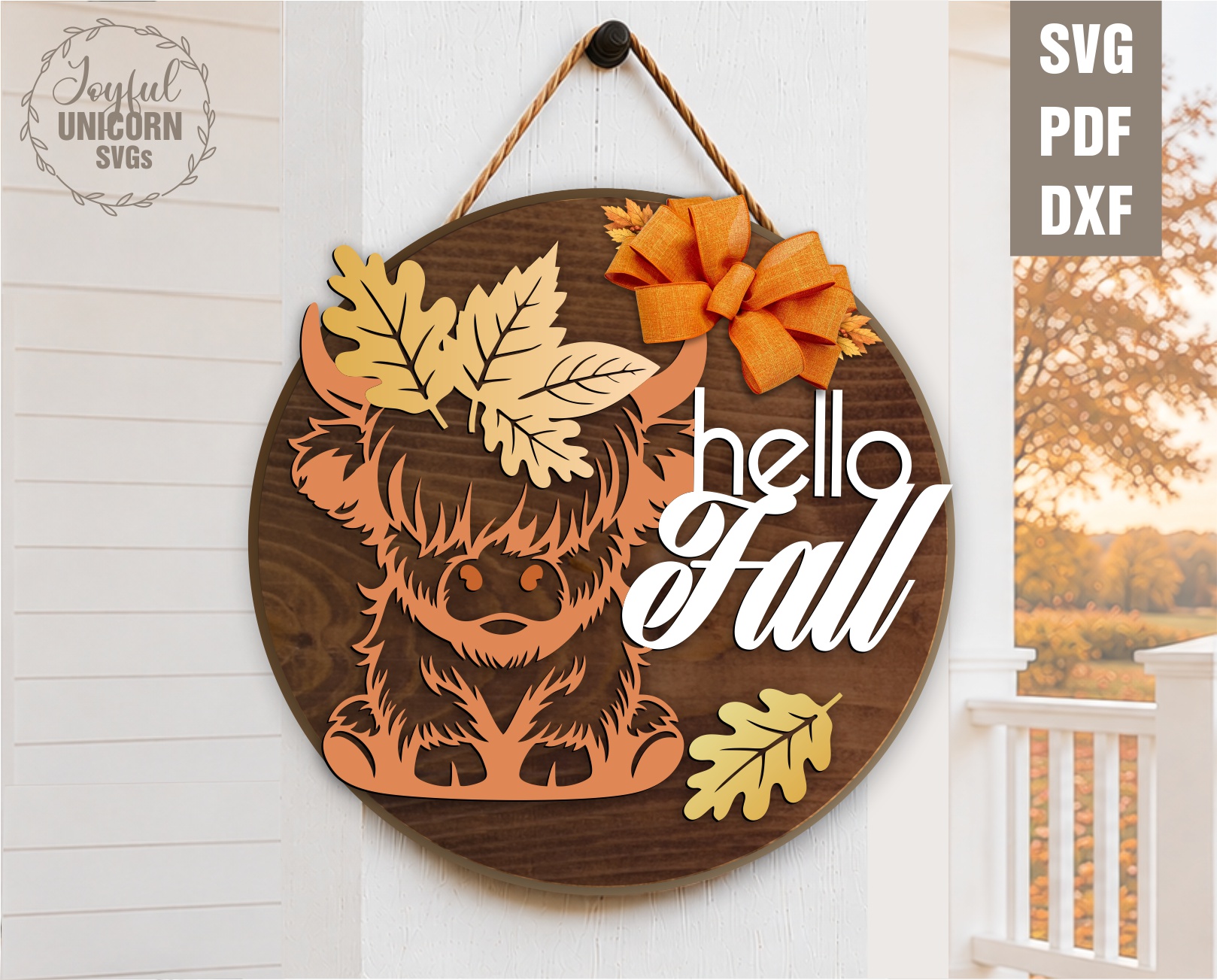 [Laser cut and engrave] Hello Fall Door Hanger Bundle SVG, Fall Highland Cow Sign, Autumn Pumpkin Front Door Decor, Laser Cut File for Glowforge, Xtool, CNC