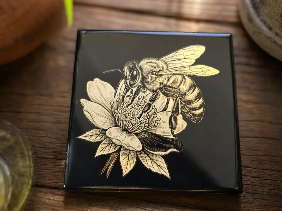 bumble bee on painted ceramic tile