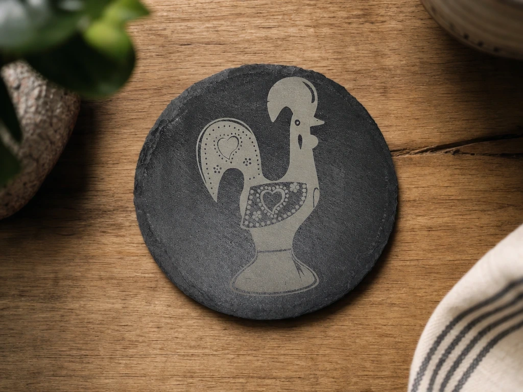 Sous-verre rond en ardoise avec motif de galo de barcelos