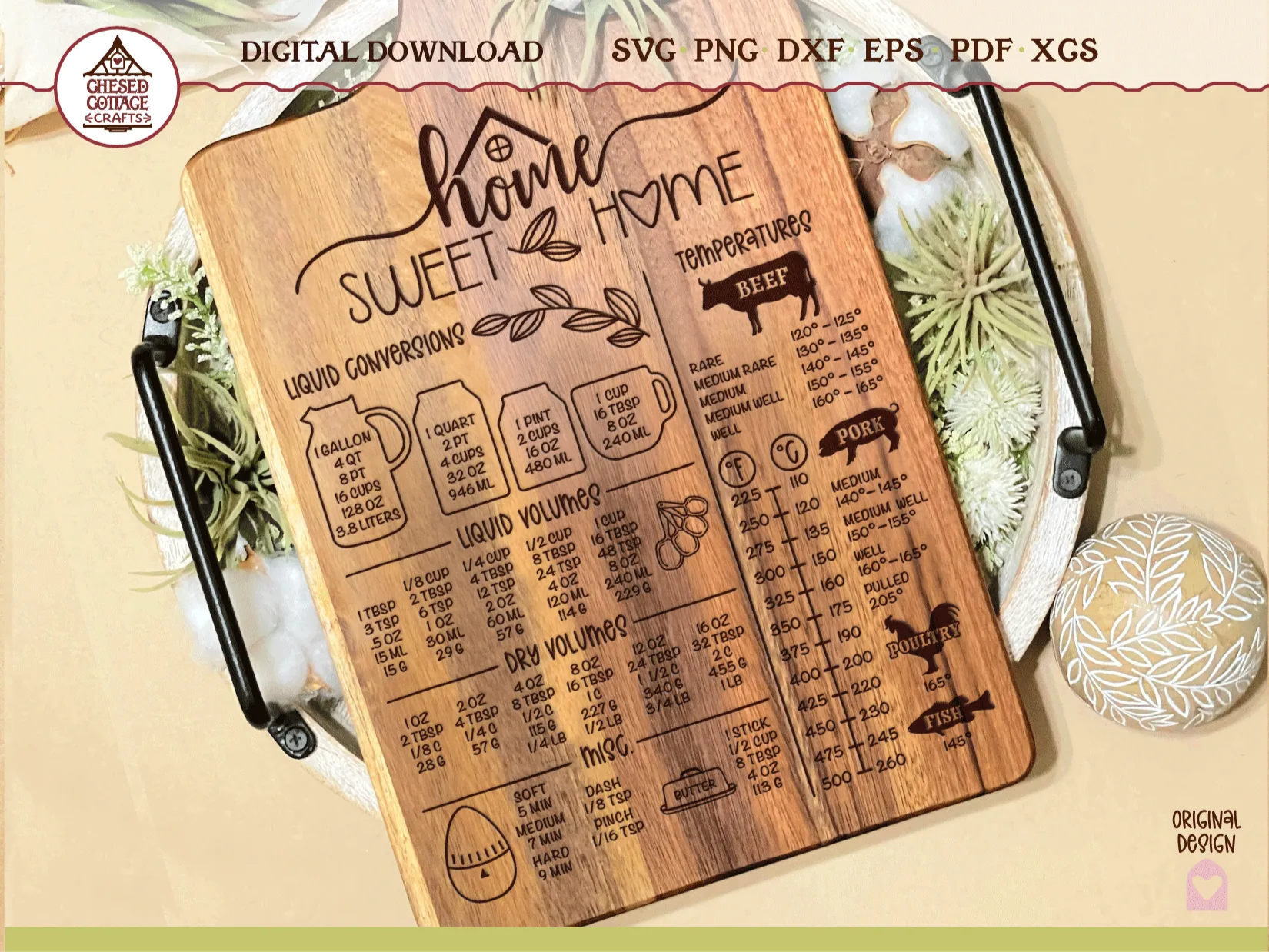 Home Sweet Home Kitchen Conversion Chart with Cooking Temperatures Cutting Board