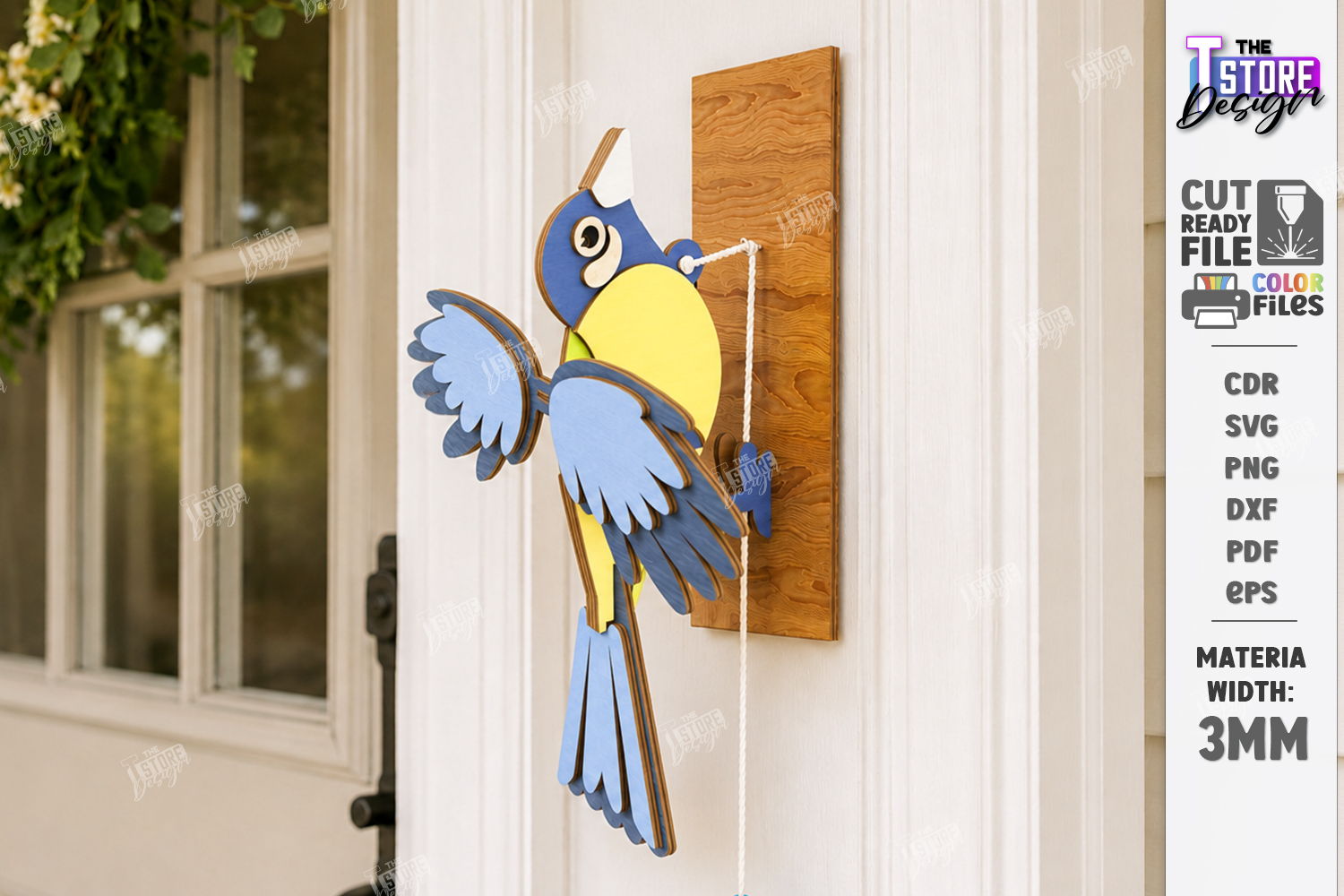 [Laser cut and engrave] Kinetic Wooden Bird Doorbell Laser Cut Bundle. Porch Decor. Interactive Bird Wall Hanging with Pull String Mechanism