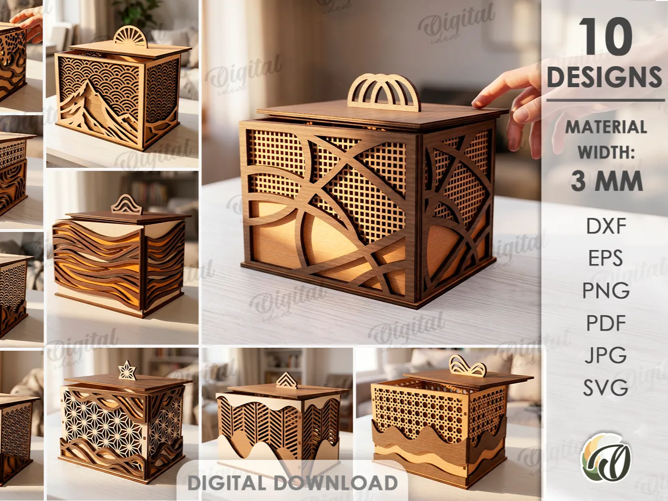3D Decorative Jewelry Boxes Bundle. Laser Cut Keepsake Box. Elegant Wooden Gift Box. Geometrical Patterns. Wedding Gift SVG