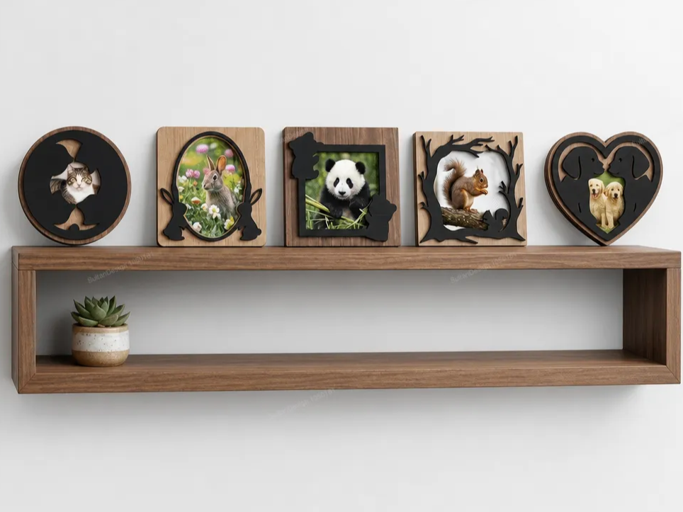 Set of Animal Themed Wooden Picture Frames for Wall Display