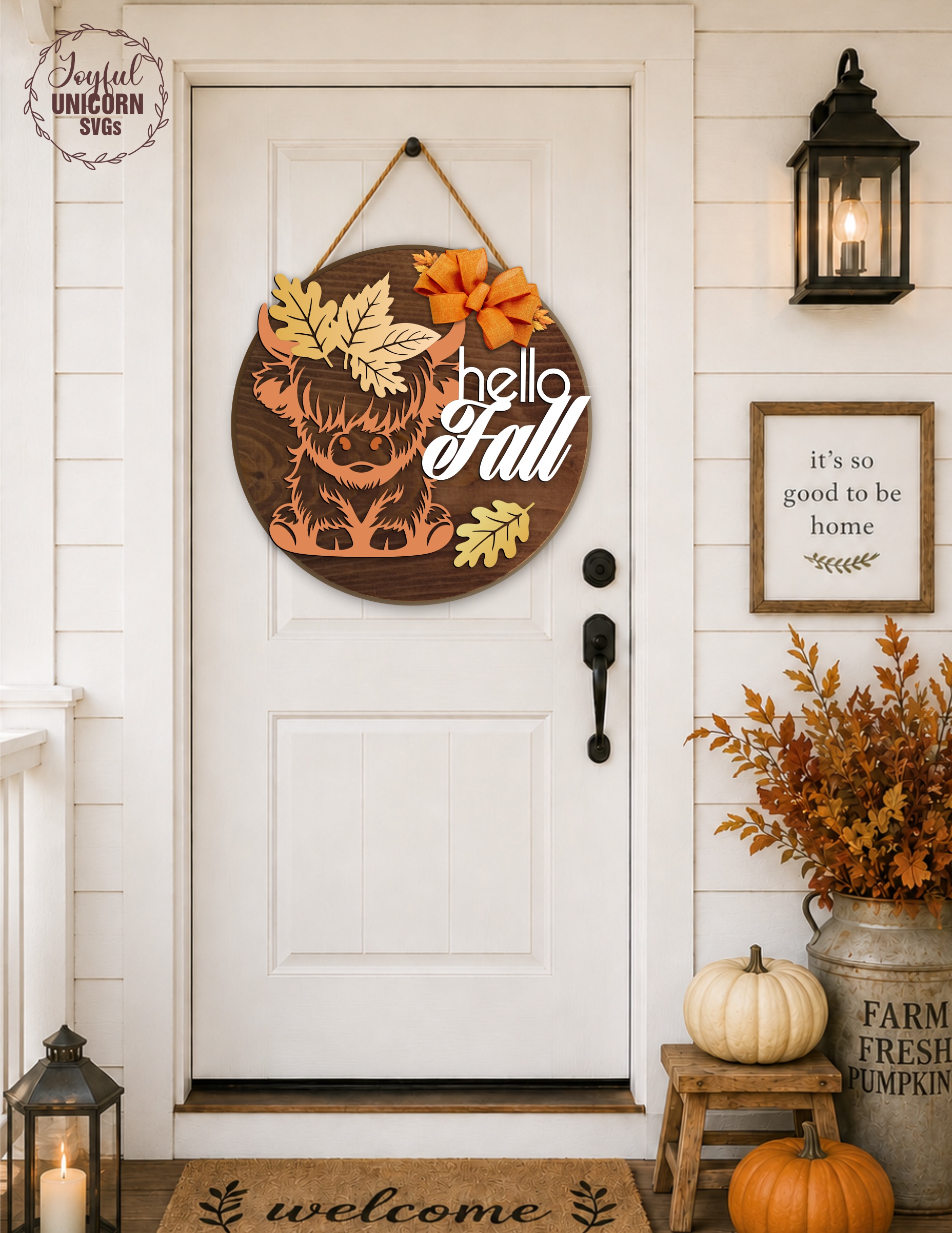 [Laser cut and engrave] Hello Fall Door Hanger Bundle SVG, Fall Highland Cow Sign, Autumn Pumpkin Front Door Decor, Laser Cut File for Glowforge, Xtool, CNC