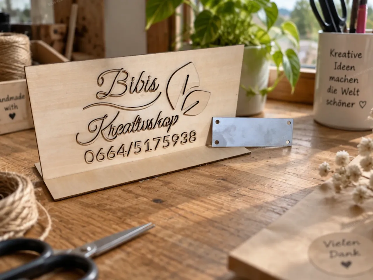 [Laser welding / cleaning] Aufsteller aus Holz mit Firmenlogo und Telefonnummer für den Schreibtisch