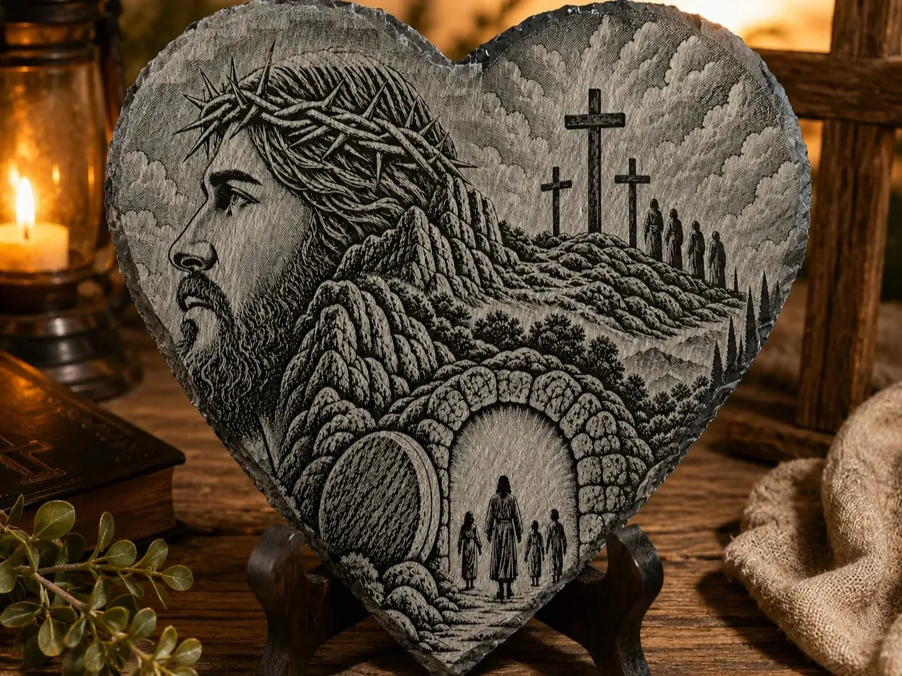 [Laser cut and engrave] Heart Shaped Slate Plaque Featuring Jesus Christ and Calvary Scene