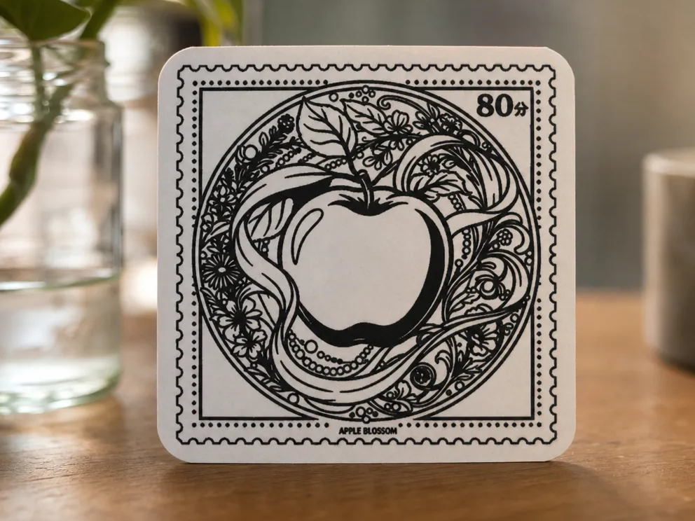 Square Coaster in Apple Blossom Themed Stamp Style