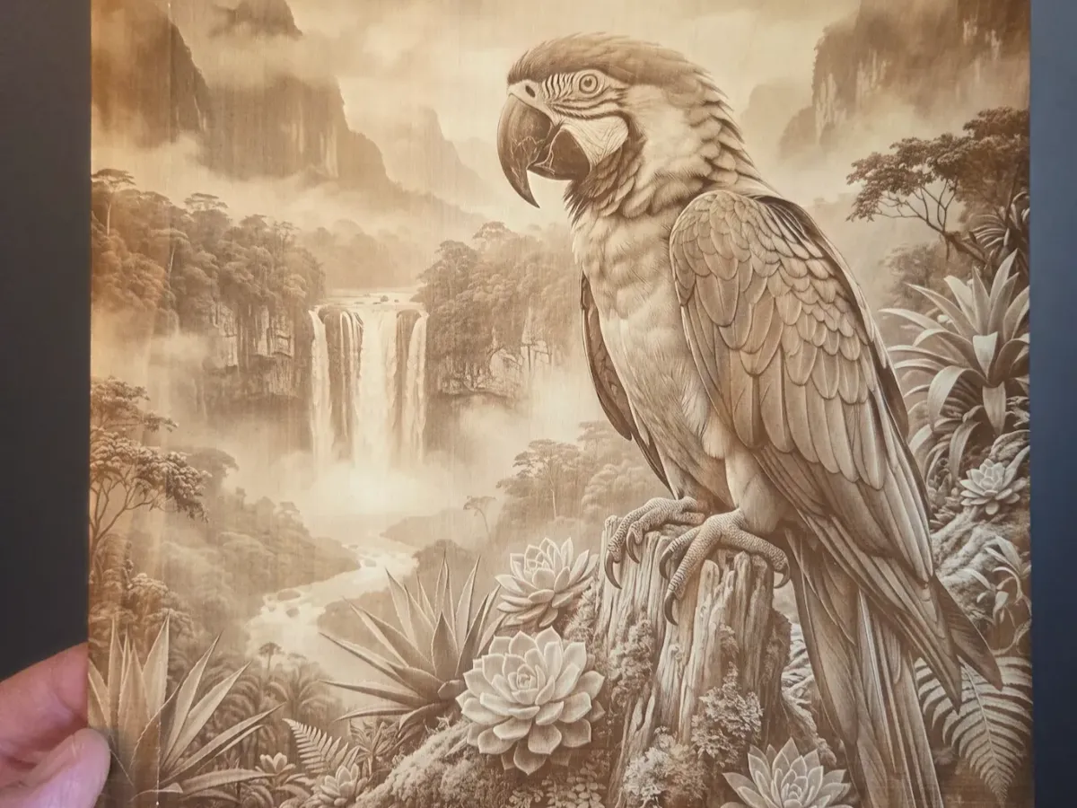 [Laser cut and engrave] Macaw Parrot and Tropical Waterfall Landscape Wall Art