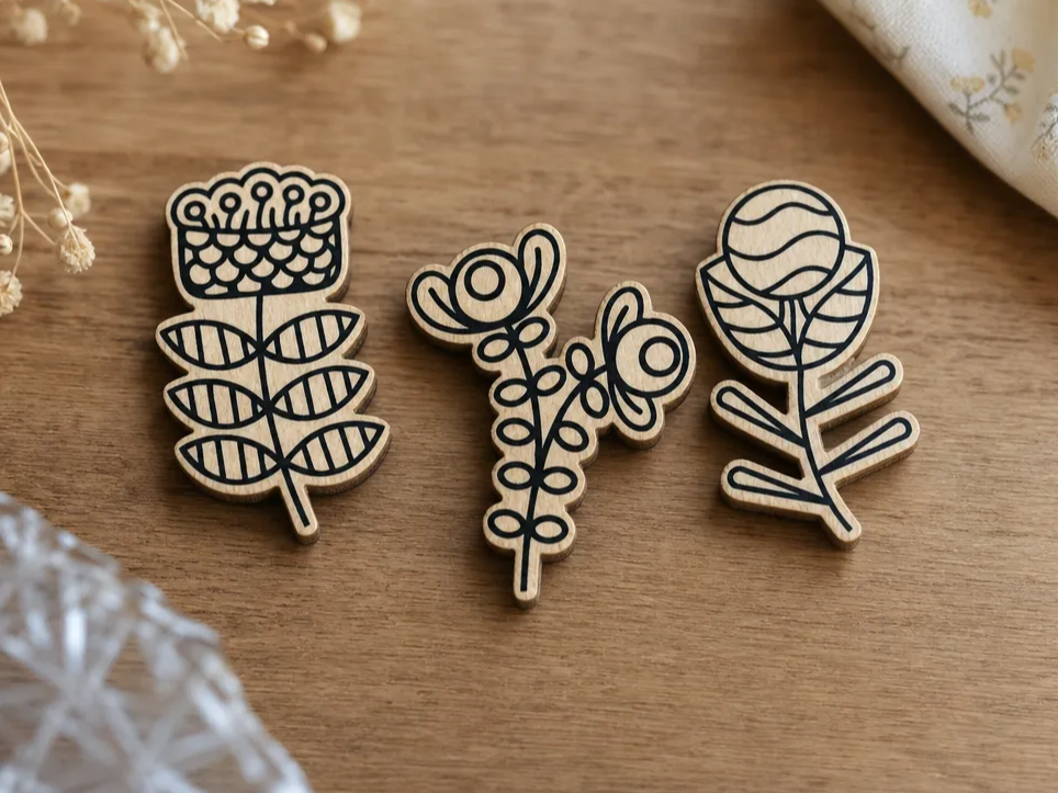 Set of Three Stylized Wooden Flower Cutouts