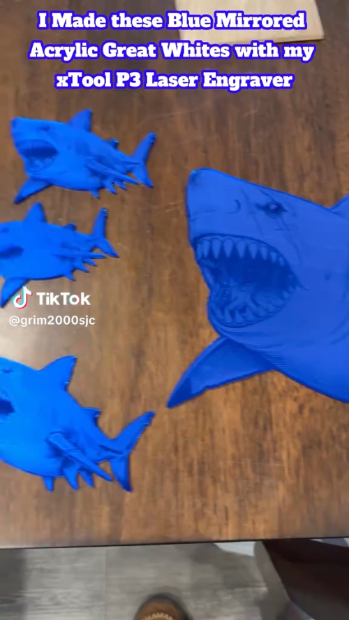 [Laser cut and engrave] Blue Mirrored Great White Shark Wall Art