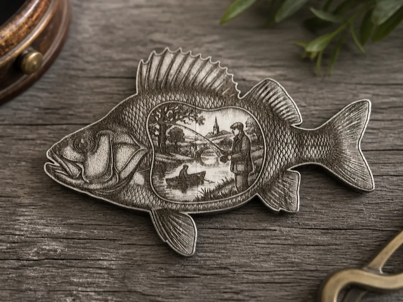 [Laser cut and engrave] Fish Shaped Metal Plaque Featuring a Scenic Fishing Landscape