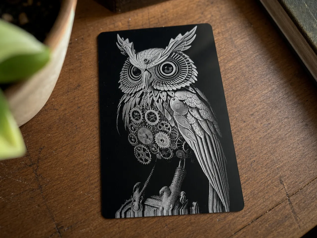[Laser cut and engrave] Steampunk Owl Illustration on Black Metal Card