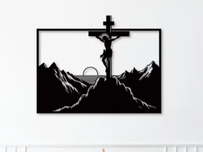 Jesus on the Cross SVG, Crucifix Wall Art Laser Cut File, Christian Mountain Scene, Religious Wall Decor, Catholic SVG