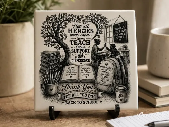 Teacher Appreciation Ceramic Tile with Inspirational Quote and School Supplies Illustration