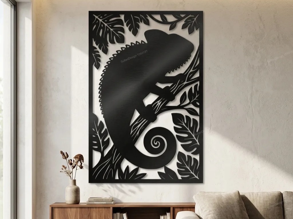 Chameleon and Tropical Leaf Wall Art Panel