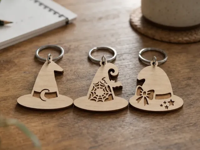 Witch Hat Shaped Wooden Keychains with Moon, Web, and Star Motifs