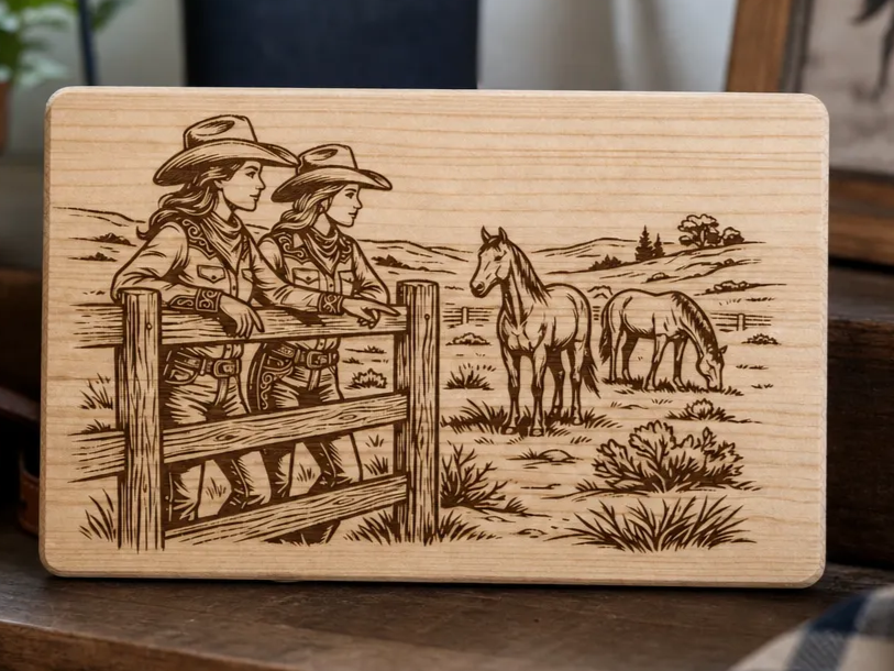 Cutting Board Featuring Two Cowgirls Watching Horses in a Pasture