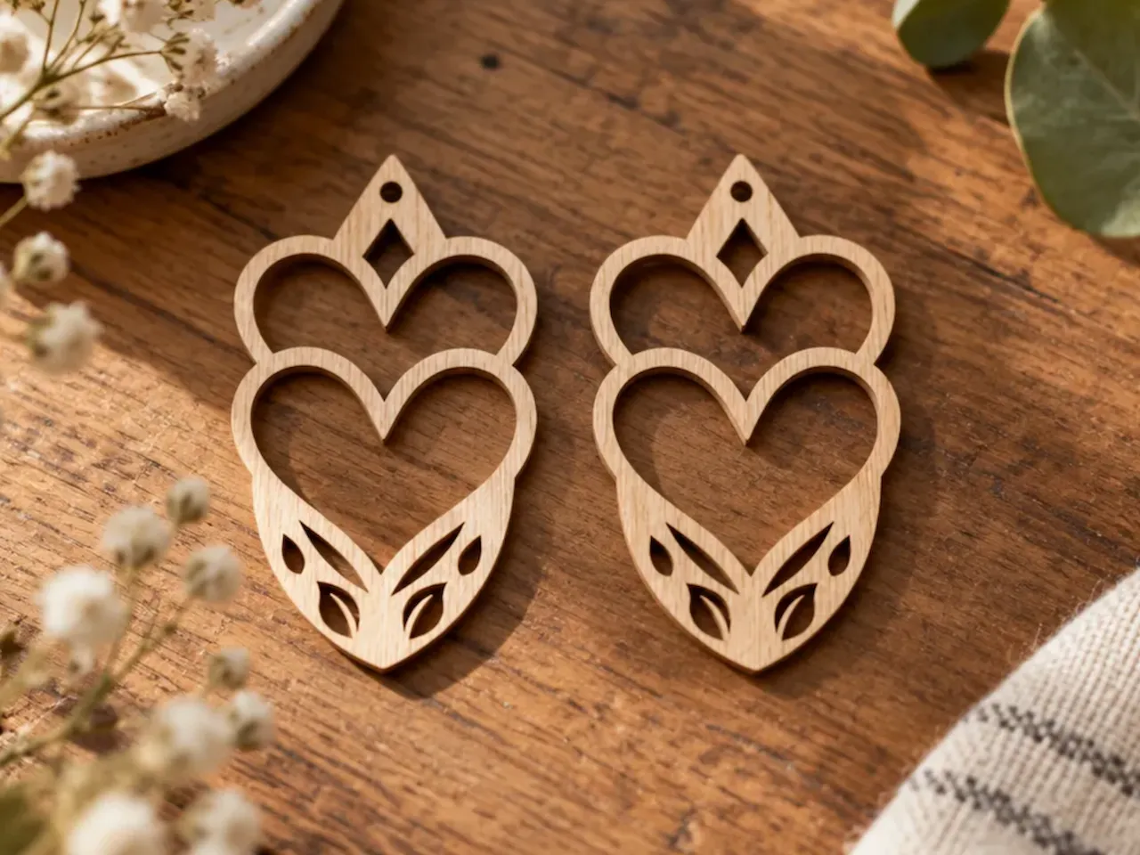[Laser cut and engrave,Other] Double Heart Leaf Cutout Wooden Earring Dangles