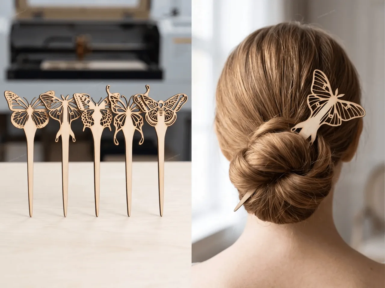 [Laser cut and engrave] Butterfly Motif Wooden Hair Stick for Updo Hairstyles