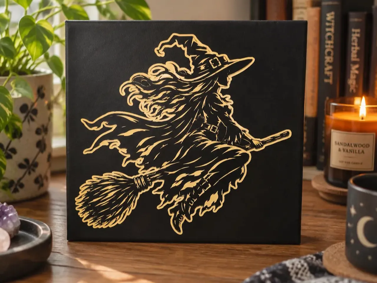 [Laser cut and engrave] Tableau noir avec illustration dorée d'une sorcière sur un balai